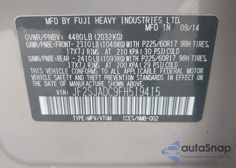 2015 Subaru Forester 2.5I Premium из США, поврежденный, VIN JF2SJADC9FH519415